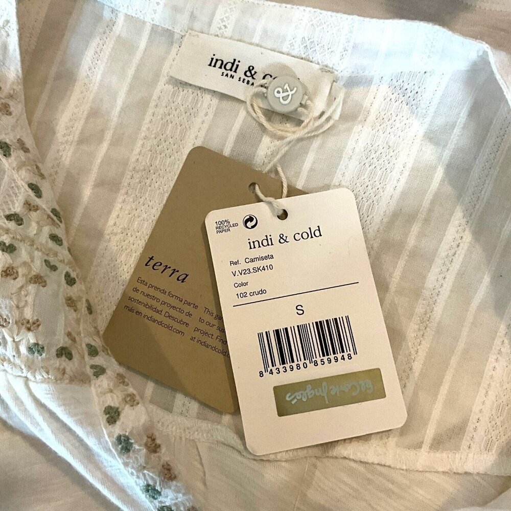 NWT Cold & Indi Camiseta White Top V Neck Size S Embroided Peasant - Picture 9 of 10